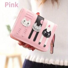Cartoon Cute Cat Design Short Zip Closure Women Wallet, PU Leather Change Purse, Great Gift Idea For Students, Girls, Christmas - Pink Purse - Multicolor - View 13