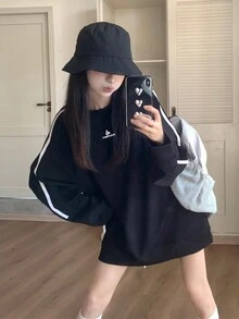 Casual Style Oversized Crew Neck Long Sleeve Sweatshirt,Long Sleeve Tops - Black - View 5
