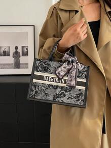 1 件 (10.63 英寸 * 4.11 英寸 * 7.87 英寸) 时尚女士手提包，大容量，方形款式，轻巧，优雅围巾装饰，适合购物、约会、聚会、通勤、字母图案，优雅简约休闲灰色和粉色女士手提包，时尚蝴蝶结钱包，适合女士 - 黑色 - 查看 4