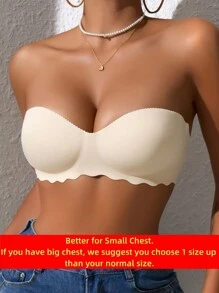 Women's Beige Small Chest Push UP Bras, Seamless & Wireless Bralette, Solid Color Simple Daily Wear Brassiere With Soft & Thick Palm Cup, Comfortable & Breathable Sexy Lingerie, Back Closure Sports Underwear With Adjustable & Detachable Shoulder Straps, Strapless & Backless Design For Party, Wedding Or Dresses - Apricot - View 2