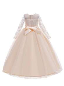 Tween Girl Long Solid Color Lace Tulle Satin Elegant Formal Dress, Suitable For Attending Balls And Formal Dinners, Does Not Include Headband - Champagne - View 3