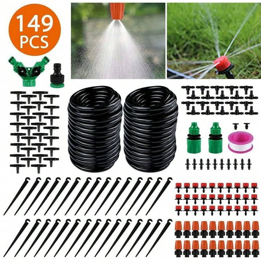 98ft/30m Drip Irrigation Kits-DIY Irrigation System With Adjustable Nozzle,Automatic Micro Irrigation Tubing Kits, Water-Saving Sprinkler System For Greenhouse, Raised Flower Bed, Patio - 黑色 - 查看 1