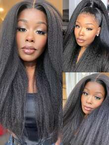 13x6 卷曲直发蕾丝前假发真人发 180% 密度透明蕾丝前假发真人发 Yaki 直发巴西发女士假发自然黑色 - 黑色 - 查看 2