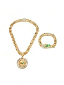 Hip Hop Men Rhinestone-Encrusted Religious St. Jude Necklace Personality Splice St. Jude Bracelet With Ring Rapper Suit