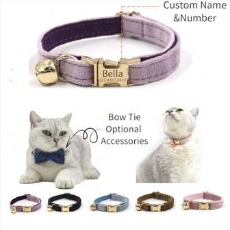 1pc Customizable Velvet Pet Cat Collar With Nameplate & Phone Number, Optional Bow Tie, Party Accessory, Thanksgiving/Christmas Gift For Pets Ornamental,Engraved,Stainless Stylish,Fashion,Colorful,Vintage,Cute,Contracted,Cuties Custom,Unique,Customized,Personalized Pet For Anniversaries,For Birthdays,Customized Pet Collars, Leashes & Harnesses,Easy Comfort