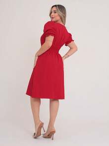 Luxury Duna Wave Short Dress With Button Short Sleeves - 紅色 - 查看 2