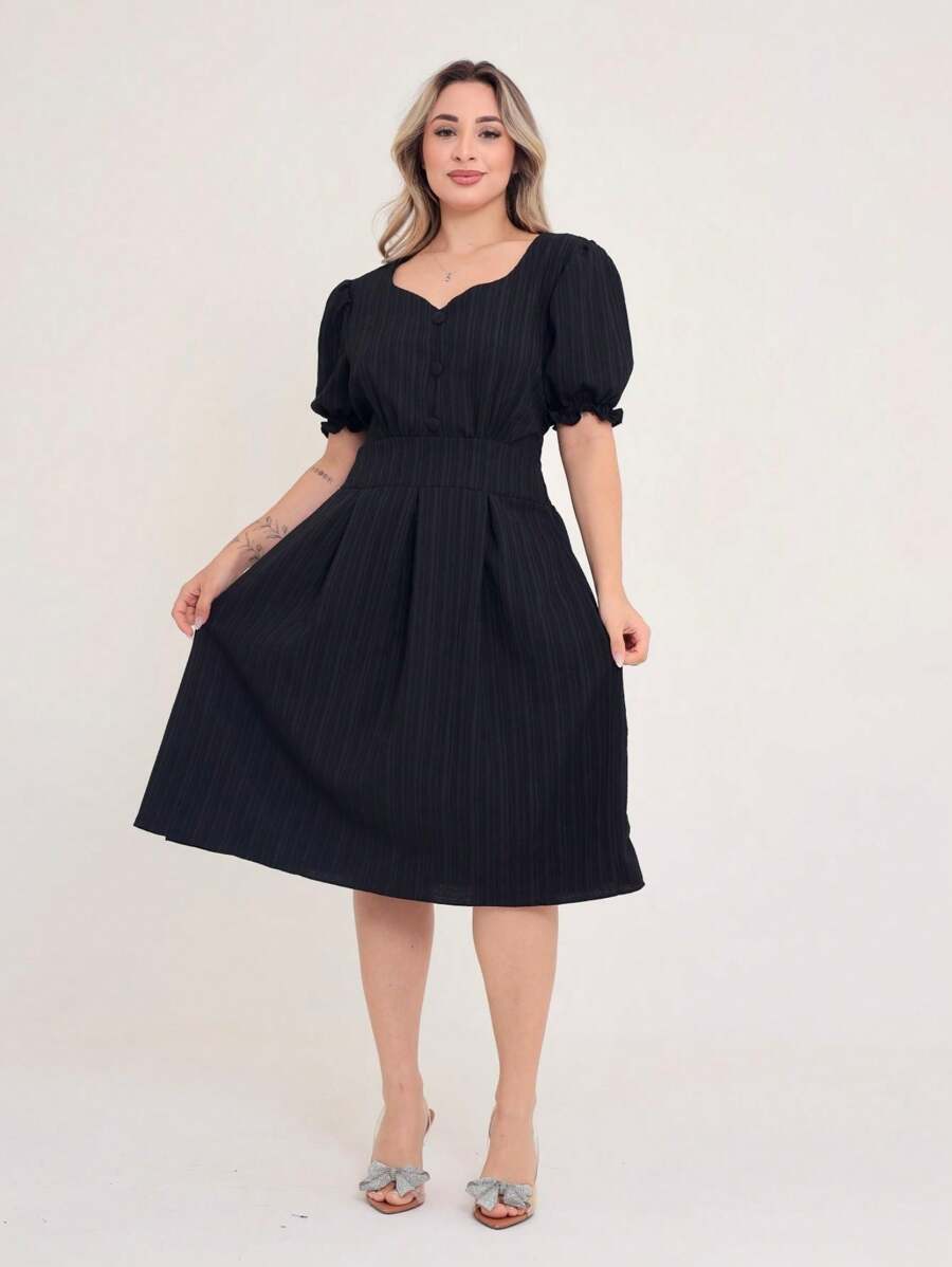 Luxury Duna Wave Short Dress With Button Short Sleeves - màu đen - Xem 1