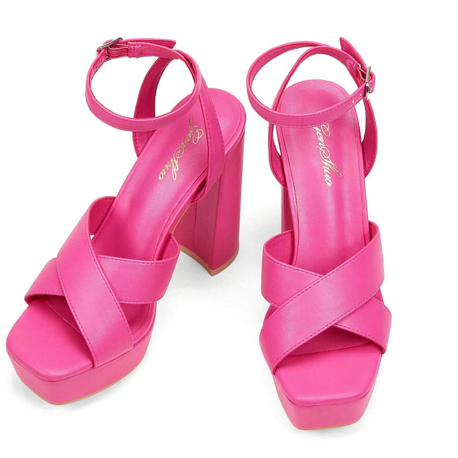 Women's Platform Chunky Heel Sandals 4.7 Inches Open Square Toe Heels With Ankle Strap Dress Wedding Party Shoes - Hot Pink - View 1