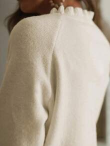 圆领毛衣 - 优雅长袖荷叶边下摆毛衣，适合秋冬季，柔软舒适的女士服装，适合寒冷天气，长袖上衣 - 白色 - 查看 2