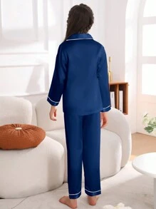 Girls Satin Pajama Set Long Pants Silk Button Style Long Sleeved Cardigan Top Suitable For Children Aged 8-13 Sleepcoat Spring And Autumn Two Pieces Sets Loungewear - Blue - View 3