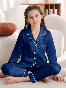 Girls Satin Pajama Set Long Pants Silk Button Style Long Sleeved Cardigan Top Suitable For Children Aged 8-13 Sleepcoat Spring And Autumn Two Pieces Sets Loungewear - Blue - View 4