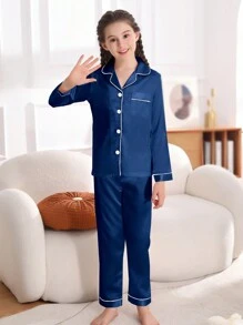 Girls Satin Pajama Set Long Pants Silk Button Style Long Sleeved Cardigan Top Suitable For Children Aged 8-13 Sleepcoat Spring And Autumn Two Pieces Sets Loungewear - Blue - View 2