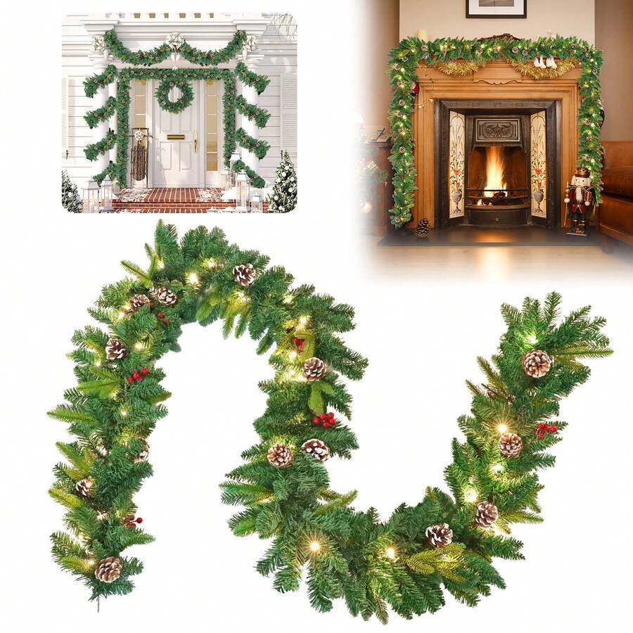 VA-Cerulean Fir Garland 3m 5m 8m Christmas Garland, Christmas Garland With Lighting, Christmas Decoration Garlands With Red Berries And Pine Cones, For Indoor And Outdoor Decoration Of Doors, Walls And Stairs - B型-500cm - 查看 1