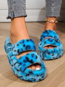 2024 豹纹毛绒拖鞋，平底厚底，女士时尚室内/户外毛绒家居鞋 - 藍色 - 查看 3