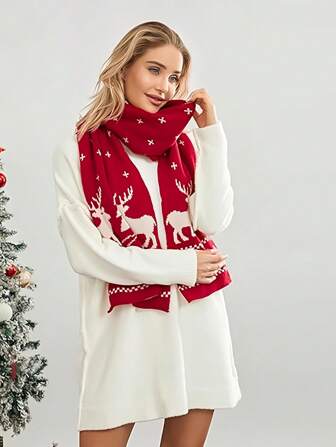 1pc Women's Christmas Cashmere-Like Deer Print Light & Soft Winter Scarf Travel Wrap Shawl Accessories Women