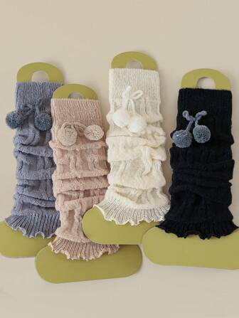 1/2/4 双女式多色黑白毛绒球装饰可爱百搭时尚蕾丝腿套，厚实保暖及膝腿套，适合春秋冬季