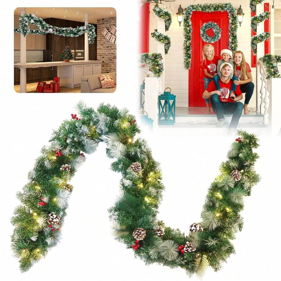 VA-Cerulean Fir Garland 3m 5m 8m Christmas Garland, Christmas Garland With Lighting, Christmas Decoration Garlands With Red Berries And Pine Cones, For Indoor And Outdoor Decoration Of Doors, Walls And Stairs - A型-500cm - 查看 1