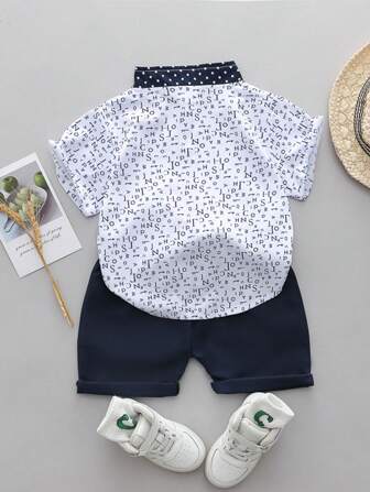 Baby Boy Letter Print Short Sleeve Shirt And Shorts Set, Summer