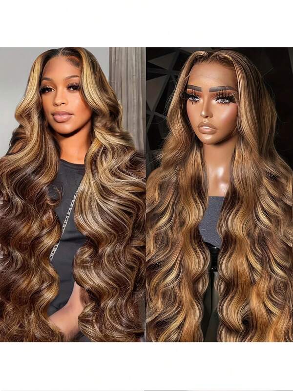 Ombre Highlight Lace Front Wigs Human Hair 13x4 Body Wave P4/27 Colored Wigs Human Hair Honey Blonde 13x4 Body Wave Lace Frontal 180% Pre Plucked With Baby Hair Wigs For Women