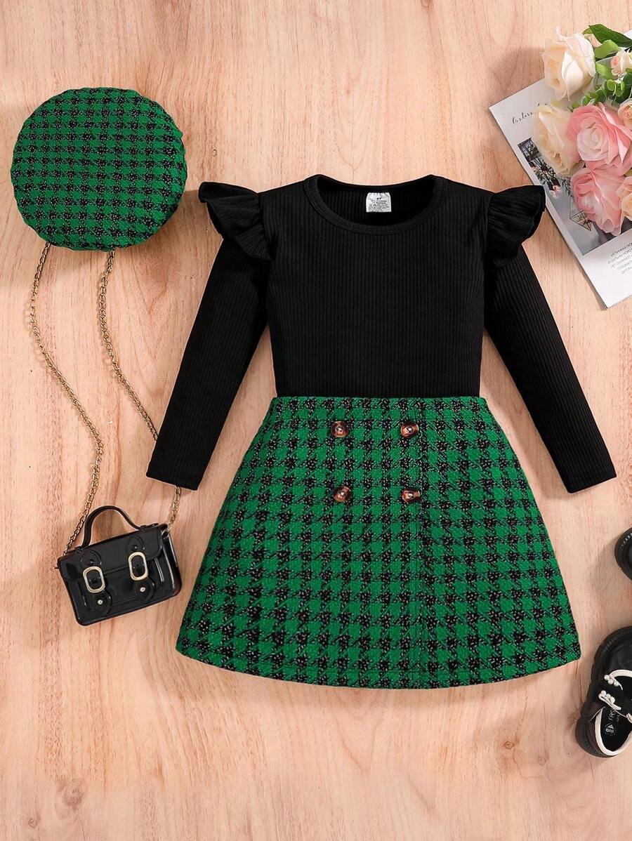 2pcs/Set Young Girl Fashion Set: Solid Color Simple Round Neck Knitted Long Sleeve Top + Green Plaid Skirt, Stylish Outdoor Outfit For Teens, Comfortable & Soft Casual School Style Spring Childrenswear - màu xanh lá - Xem 1