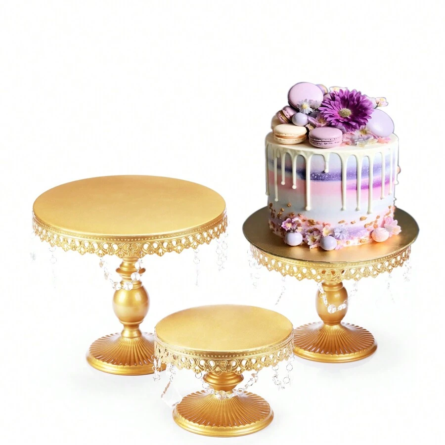3Pcs Antique Cake Stand Set - Round Metal Cupcake Stands With Pendants And Beads - Elegant Dessert Display, For For Wedding, Birthday Party Decor, Gold/Champagne/Cream White - 金色 - 查看 1