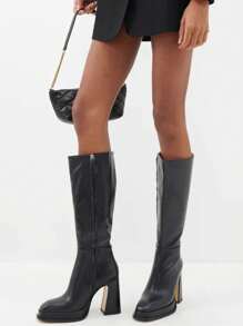 Platform Knee High Boots For Wome Chunky High Heels Pink Tall Boots Square Toe Motorcycle Long Boots - Black - View 3