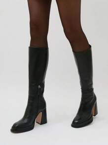 Platform Knee High Boots For Wome Chunky High Heels Pink Tall Boots Square Toe Motorcycle Long Boots - Black - View 8