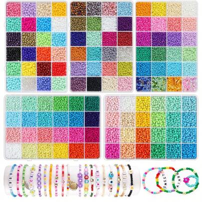 13440 piezas Cuentas de semilla de 3 mm/4 mm para hacer joyería, 5 tipos 120 colores pequeñas cuentas de vidrio para pulseras, kit de pulsera de la amistad con cuentas con letra del alfabeto, cuentas con cara sonriente para manualidades, arte y artesanía