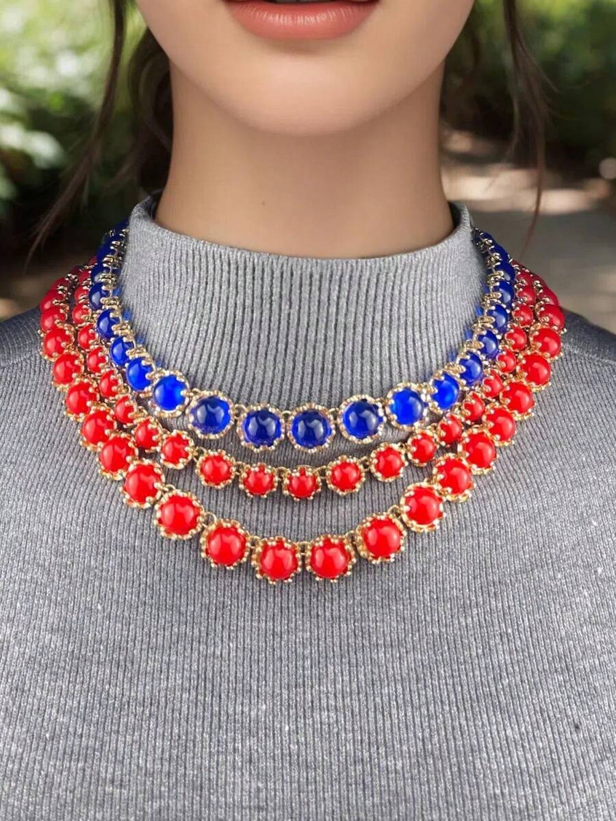 2 件/3 件套装 ZAA 复古别致几何圆形金属镶嵌彩色树脂双层可叠戴项链，时尚珠宝 - 色彩樹脂項鍊 - 查看 1