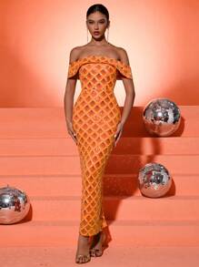 Fuaheng 女士露肩亮片露背高开衩连衣裙，优雅正式晚礼服，适合婚礼宾客、毕业典礼、晚宴礼服、长袍 - 橘色 - 查看 5