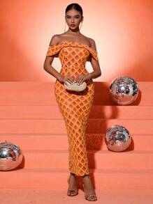 Fuaheng 女士露肩亮片露背高开衩连衣裙，优雅正式晚礼服，适合婚礼宾客、毕业典礼、晚宴礼服、长袍 - 橘色 - 查看 10