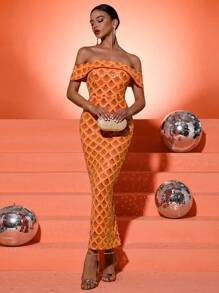 Fuaheng 女士露肩亮片露背高开衩连衣裙，优雅正式晚礼服，适合婚礼宾客、毕业典礼、晚宴礼服、长袍 - 橘色 - 查看 8