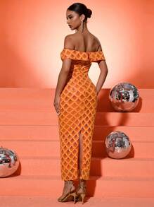 Fuaheng 女士露肩亮片露背高开衩连衣裙，优雅正式晚礼服，适合婚礼宾客、毕业典礼、晚宴礼服、长袍 - 橘色 - 查看 4