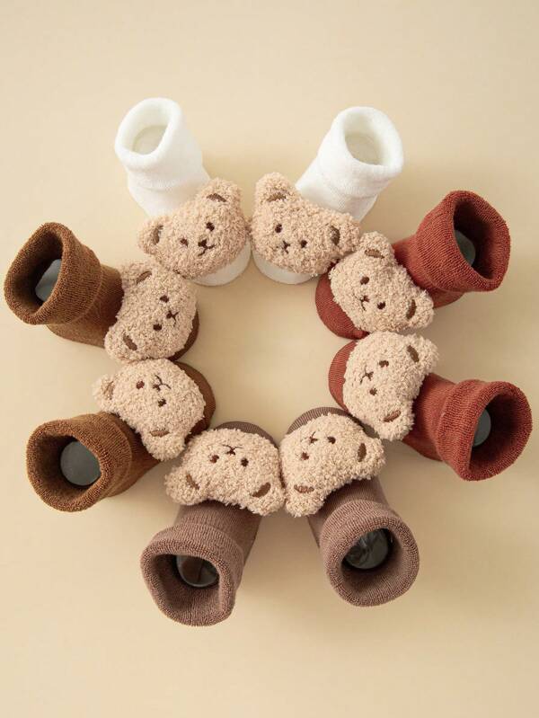 4pairs/Pack Toddler Socks, Cute Cartoon Bear Design, Non-Slip, Thick, Warm For Fall & Winter