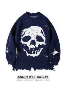 ANDREILEEANDREILEE Skull Graphic Distressed Fringe Crew Neck Casual Sweater For Men - Navy Blue - View 1