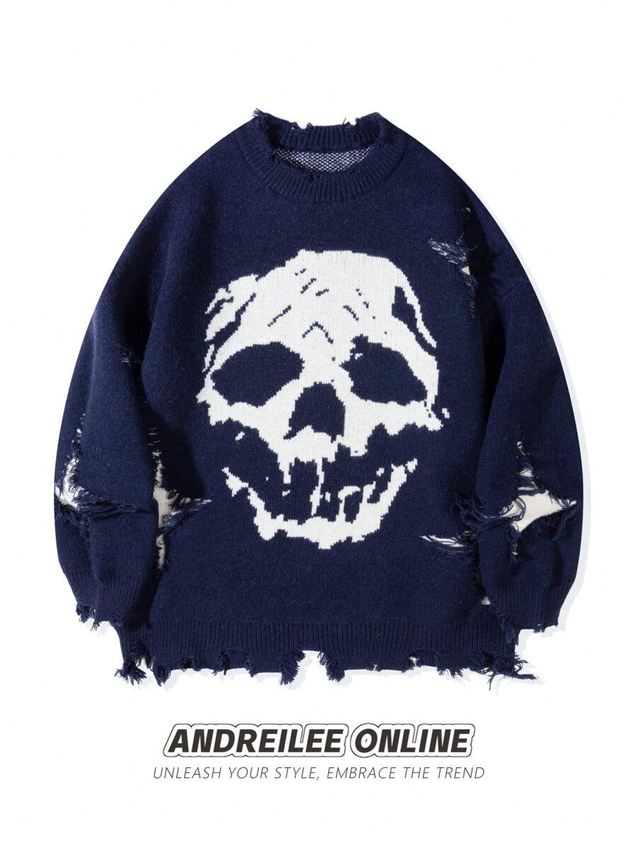 ANDREILEEANDREILEE Skull Graphic Distressed Fringe Crew Neck Casual Sweater For Men - Navy Blue - View 1