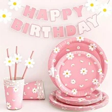 81 件雏菊主题一次性餐具套装，粉色雏菊餐巾，生日派对装饰，新娘送礼会和婚礼餐饮用品，圣诞节 - 粉色 - 查看 6