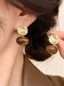 3 对复古油滴 U 型耳环，复古棕色虎眼树脂合金环状耳环，优雅时尚珠宝，适合日常佩戴，圣诞节和节日礼物 - 棕色 - 查看 4