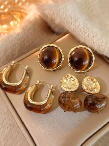 3 对复古油滴 U 型耳环，复古棕色虎眼树脂合金环状耳环，优雅时尚珠宝，适合日常佩戴，圣诞节和节日礼物 - 棕色 - 查看 1