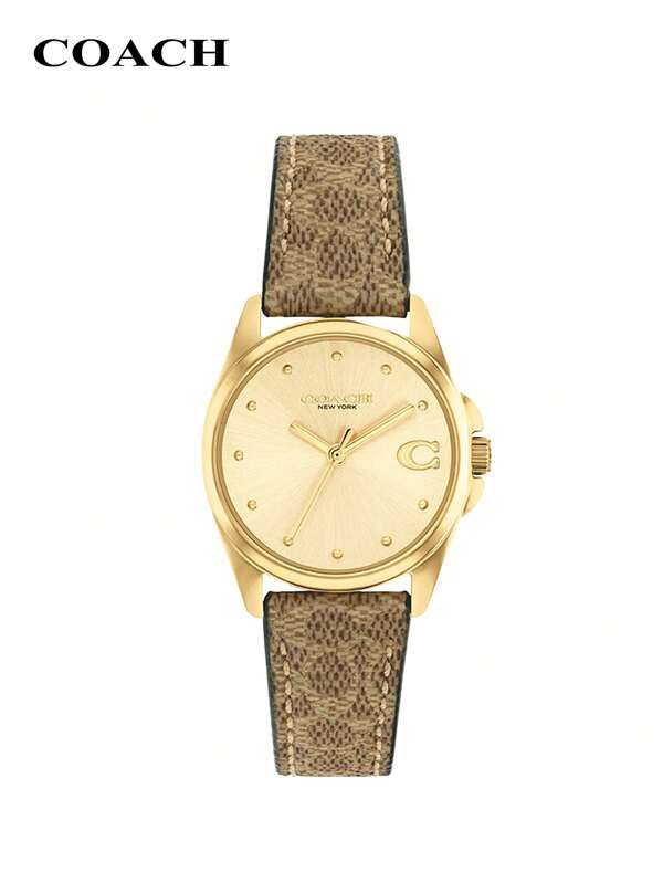 Coach Reloj de cuarzo para mujer con correa de cuero, esfera con logotipo icónico dorado y caja de acero inoxidable, reloj de pulsera analógico de lujo redondo para damas, 14504107