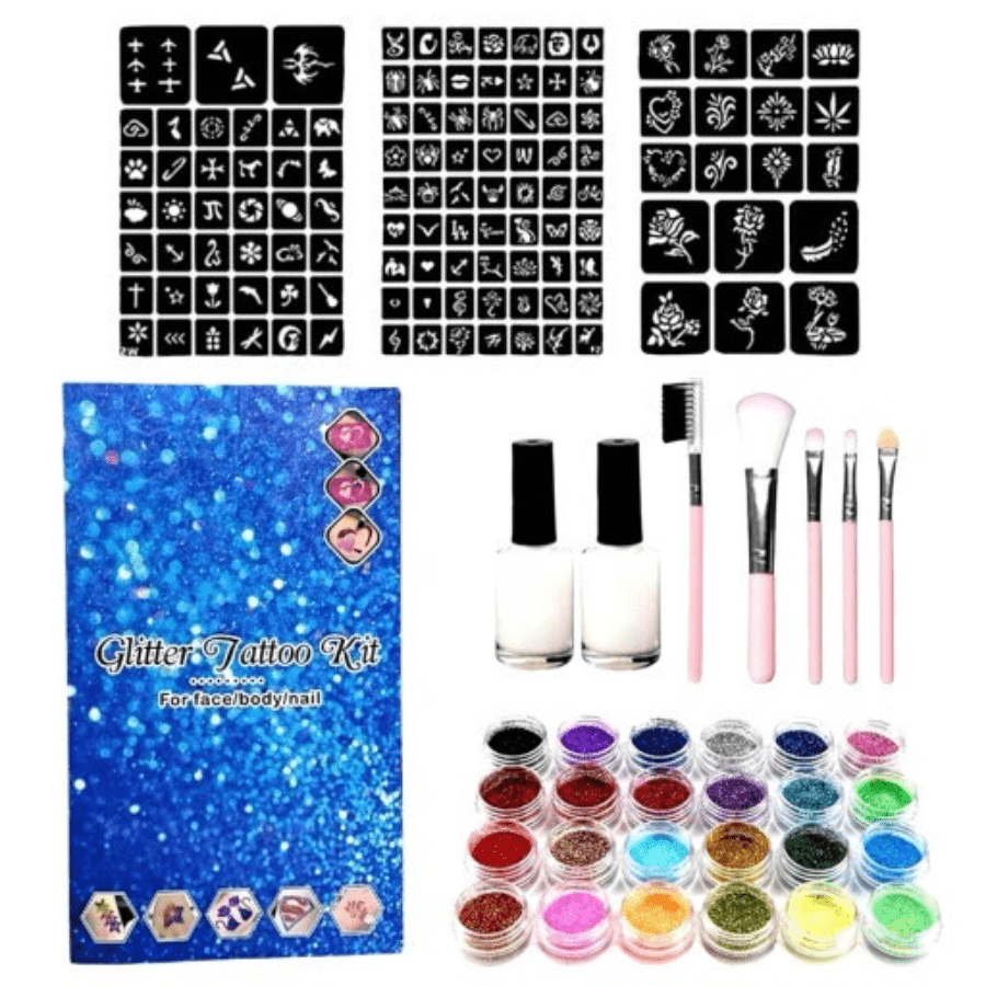 Glitter Tattoo Kit, 24 Colors Temporary Glitter Tattoos, 120 Pcs Stencils, 5 Brushes, 2 Glue