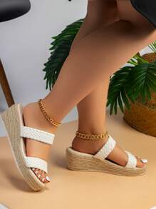 Dames Resort Platform Sandalen Met Enkele Riem Linnen Zool Wedge Brede Pasvorm
