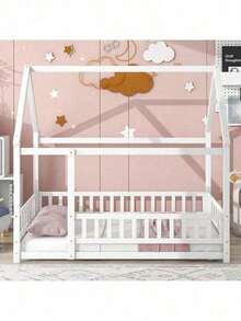 Full Size Floor Wooden Bed With House Roof Frame, Fence Guardrails ,Pink - 白色+松木+全色 - 查看 3