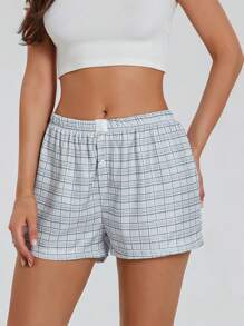 Womens Plaid Print Shorts Elastic Low Waist Button Front Lounge Shorts Boxers Streetwear - Gris Oscuro - Ver 2