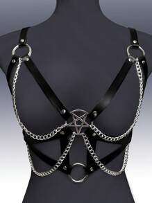 1件装女士哥特朋克风五芒星流苏链条性感胸带，适合万圣节派对、文艺复兴时期服装装饰 - 黑色 - 查看 2