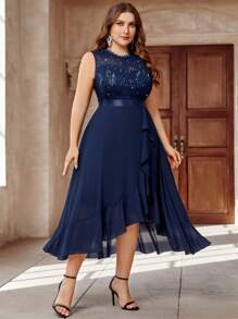 Plus Contrast Sequin Ruffle Trim Chiffon Evening Party Dress - Navy Blue - View 3