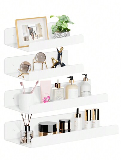 4pcs Wall Shelves No Drilling Floating White, 2 Sizes Shelf No Drilling Wall, Acrylic Shelf For Gluing Bathroom, Shelf No Drilling For Kitchen, Bathroom, Office And Living Room