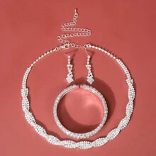 4pcs/set Full Diamond Circle Chain Necklace & Chain Bracelet & Drop Earrings For Women Wedding Bridal Jewelry - Silver - View 21