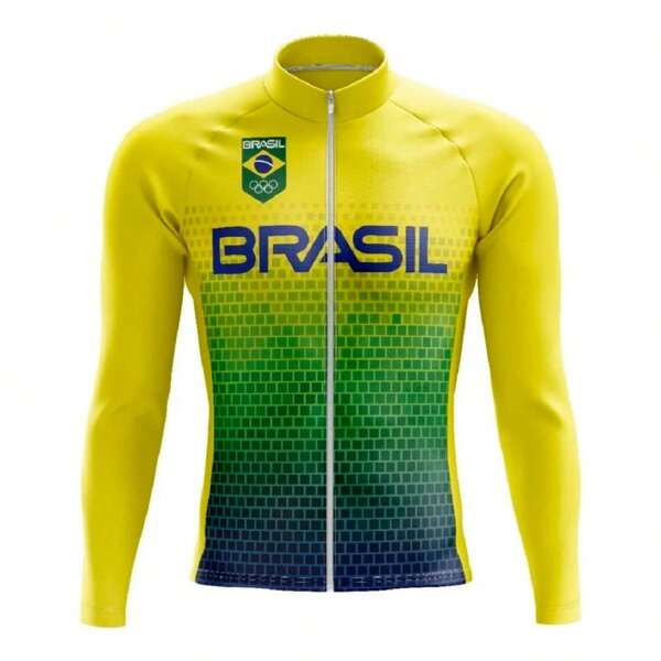 Camisa de Ciclismo do Brasil de Manga Longa com Zíper Inteiro, Secagem Rápida, Fitness, Mtb