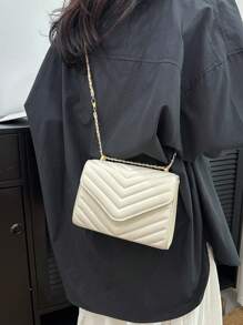 全新大容量女士单肩包、斜挎包，配有链条肩带和金属装饰，时尚休闲 - 米色 - 查看 3